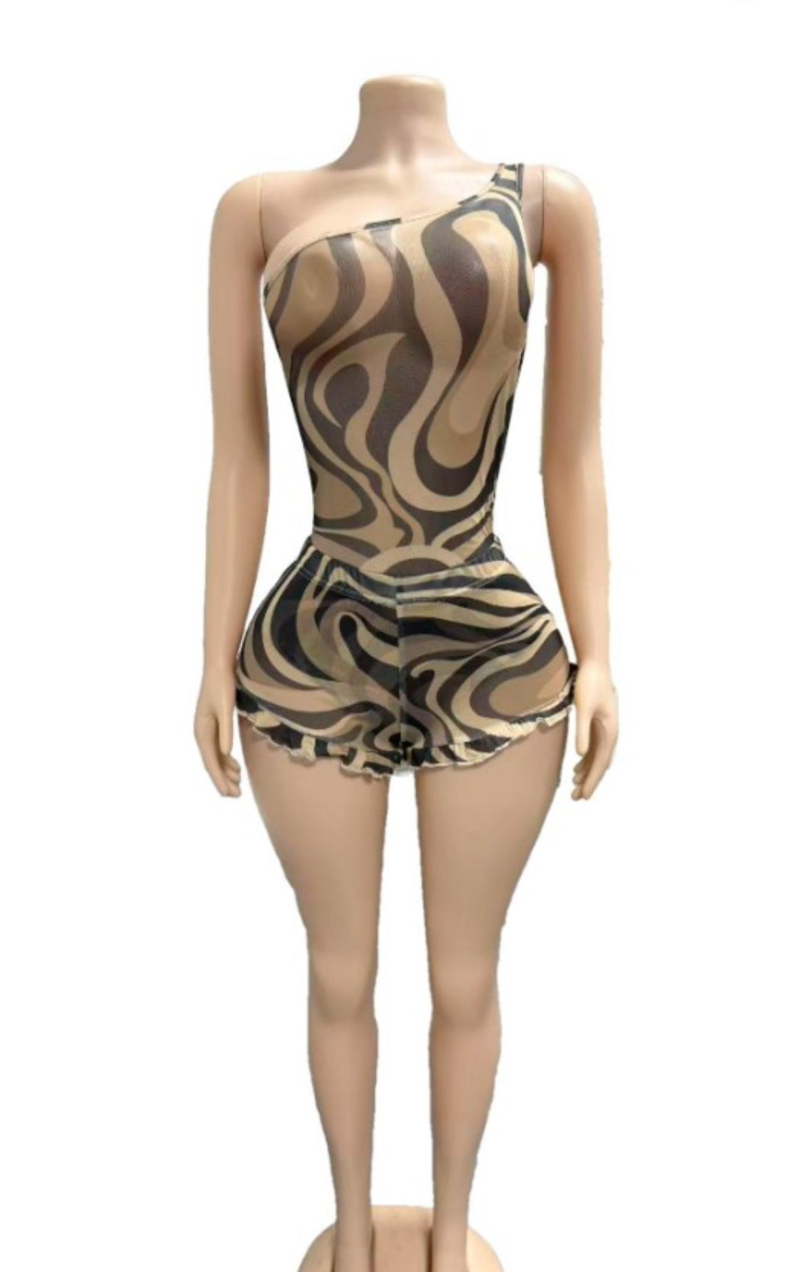 Mocha Swirl One-Shoulder Romper