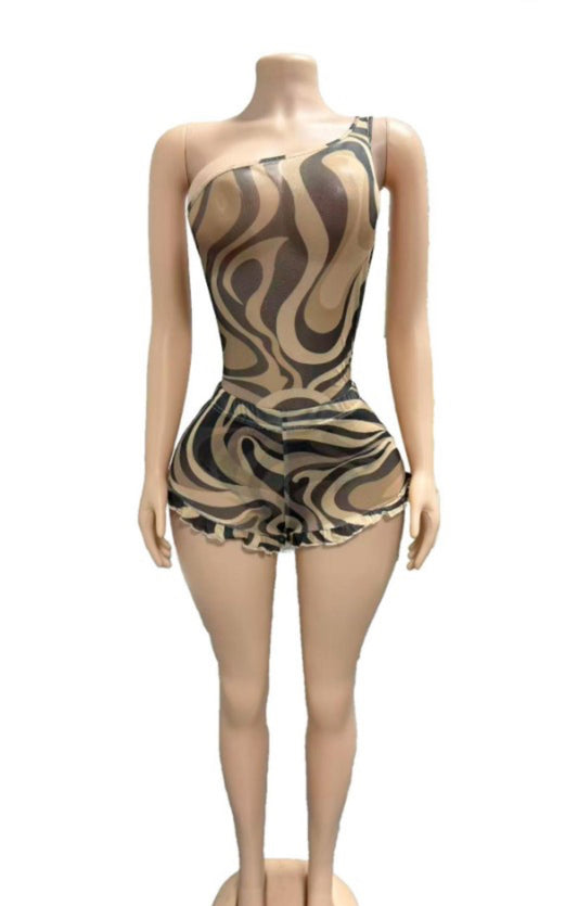 Mocha Swirl One-Shoulder Romper